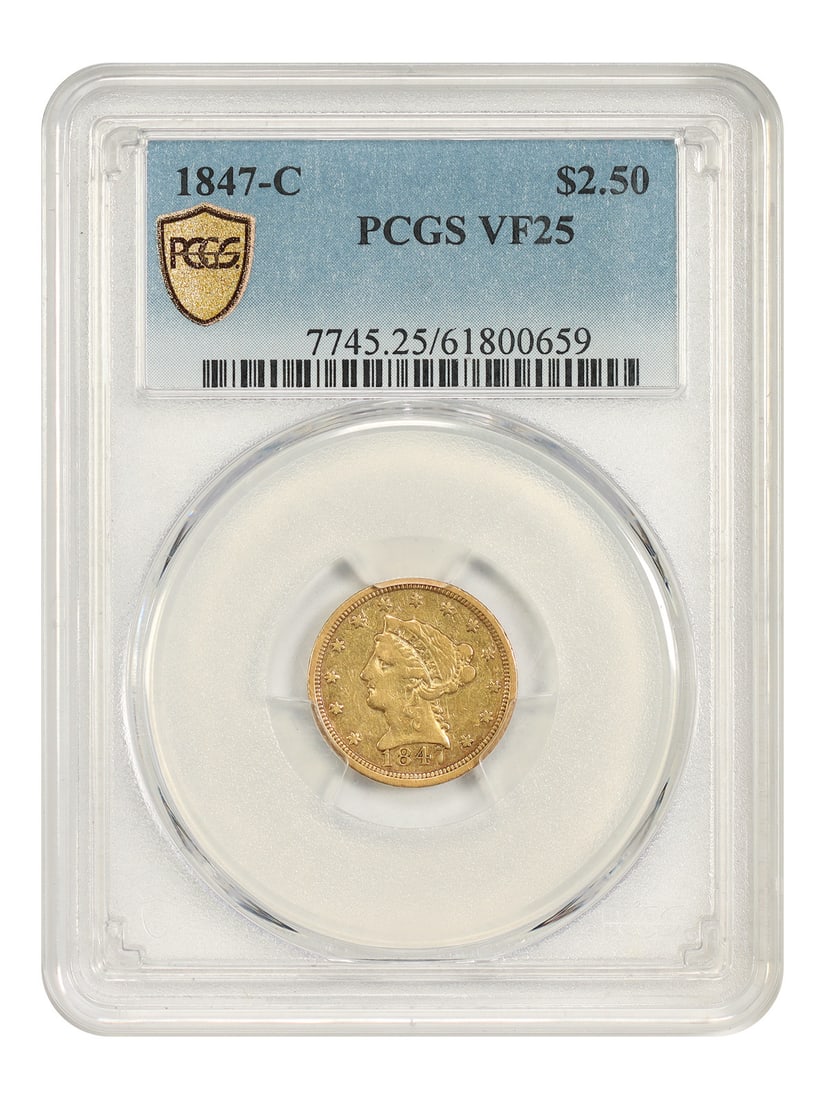 1847-C $2.50 PCGS VF25 - Liberty Head $2.5: 1847-C $2.50 PCGS VF25 - Liberty Head $2.5 1847-C $2.50 PCGS VF25 - Liberty Head $2.5 is a circulated example of the Liberty Head $2.50 coin from 1847, certified by PCGS with a grade of VF25. This coi