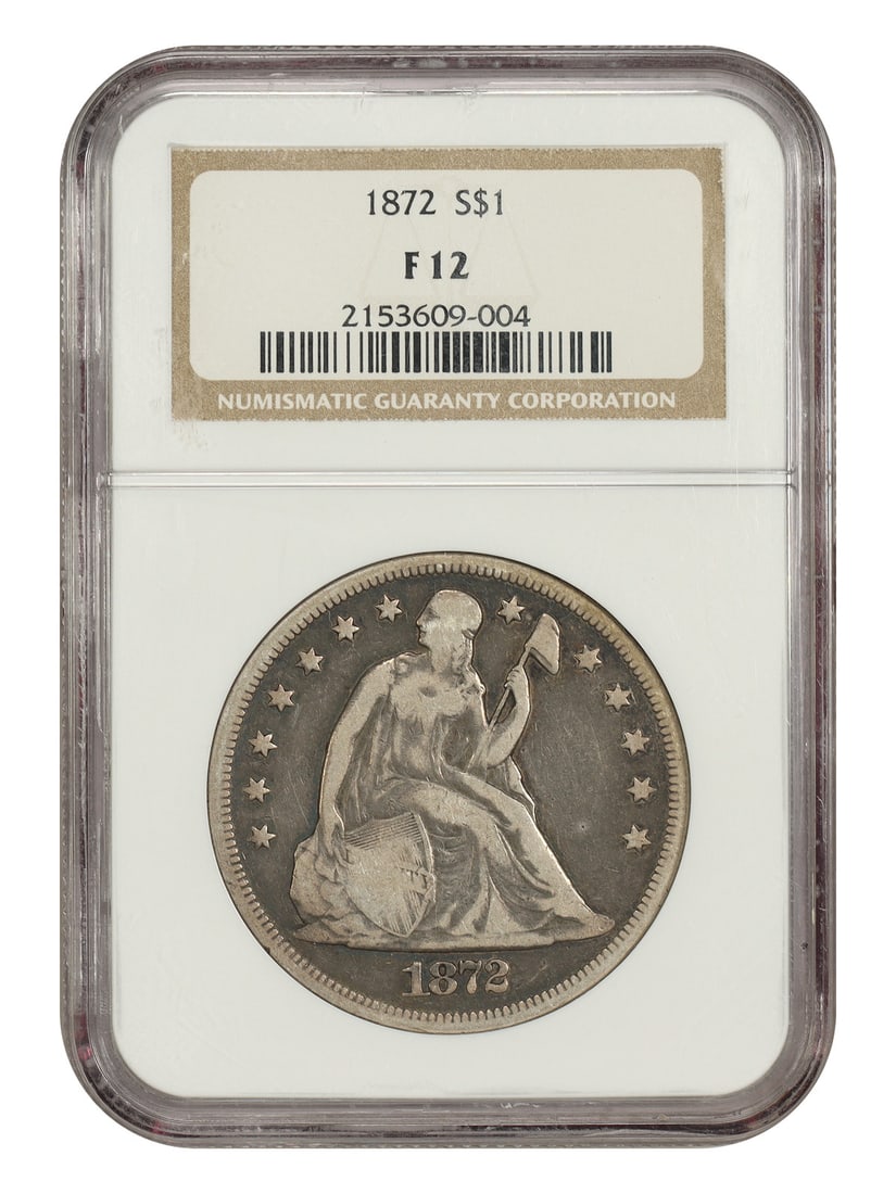 NGC Fine 12 1872 Liberty Seated Dollar: NGC Fine 12 1872 Liberty Seated Dollar NGC Fine 12 1872 Liberty Seated Dollar, certified by the Numismatic Guaranty Corporation (NGC) with a high level of detail and accuracy, showcases the iconic des