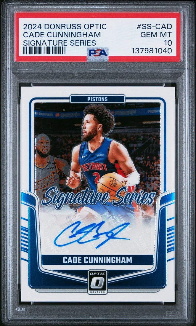 DONRUSS OPTIC CADE CUNNINGHAM #SS-CAD SIGNATURE SERIES PSA: DONRUSS OPTIC CADE CUNNINGHAM #SS-CAD SIGNATURE SERIES PSA The 2024 Donruss Optic Signed Series features a unique autograph from Cade Cunningham, a talented young player with the Detroit Pistons. This