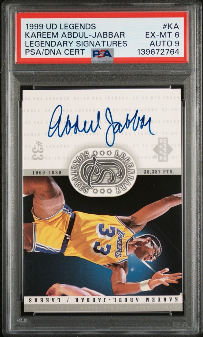 KAREEM ADBDUL-JABAR UPPER DECK 1999 LEGENDS AUTO SIGNATURES PSA 9: KAREEM ADBDUL-JABAR UPPER DECK 1999 LEGENDS AUTO SIGNATURES PSA 9 PSA 9 graded Kareem Abdul-Jabbar Upper Deck 1999 Legends auto signature card, featuring the iconic NBA legend's autograph on a standar