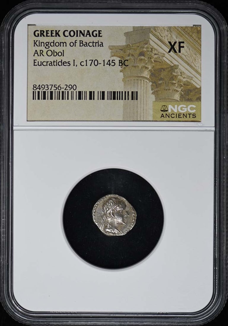 Kingdom of Bactria-GREEK COINAGE GREEK COINAGE AR Obol NGC XF: Kingdom of Bactria-GREEK COINAGE GREEK COINAGE AR Obol NGC XF NGC XF graded Greek Obol coinage, bearing the mark of the esteemed Numismatic Guaranty Corporation, showcasing exceptional condition and h