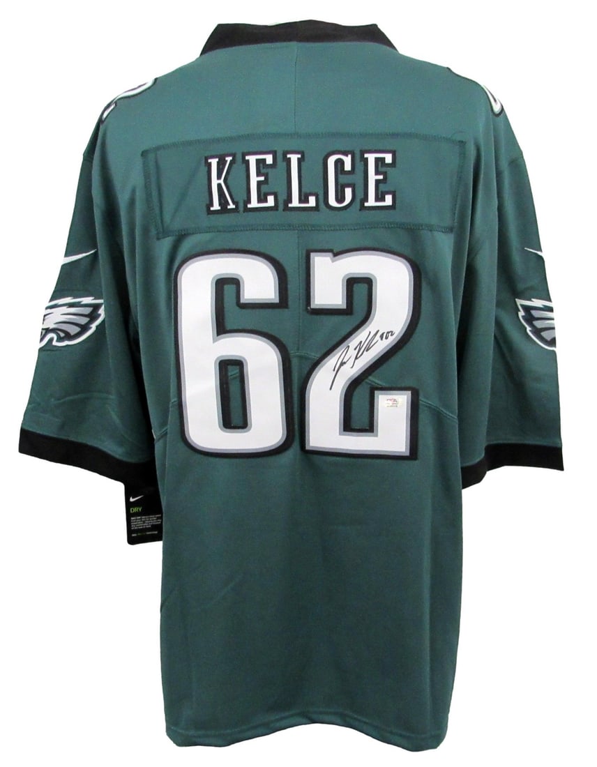 Signed Green Football Nike Eagles Jersey Kelce Jason On Field PSA/ DNA 208045: Signed Green Football Nike Eagles Jersey Kelce Jason On Field PSA/ DNA 208045 Signed by Jason Kelce, the Philadelphia Eagles' star center, this authentic on-field jersey features a unique PSA/DNA