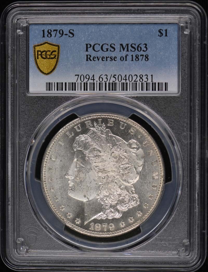 1879-S $1 Reverse of 1878 Morgan Dollar PCGS MS63: 1879-S $1 Reverse of 1878 Morgan Dollar PCGS MS63 The 1879-S $1 Reverse of 1878 Morgan Dollar is a highly detailed and intricate coin, bearing the hallmark of the San Francisco Mint. Certified by PCGS