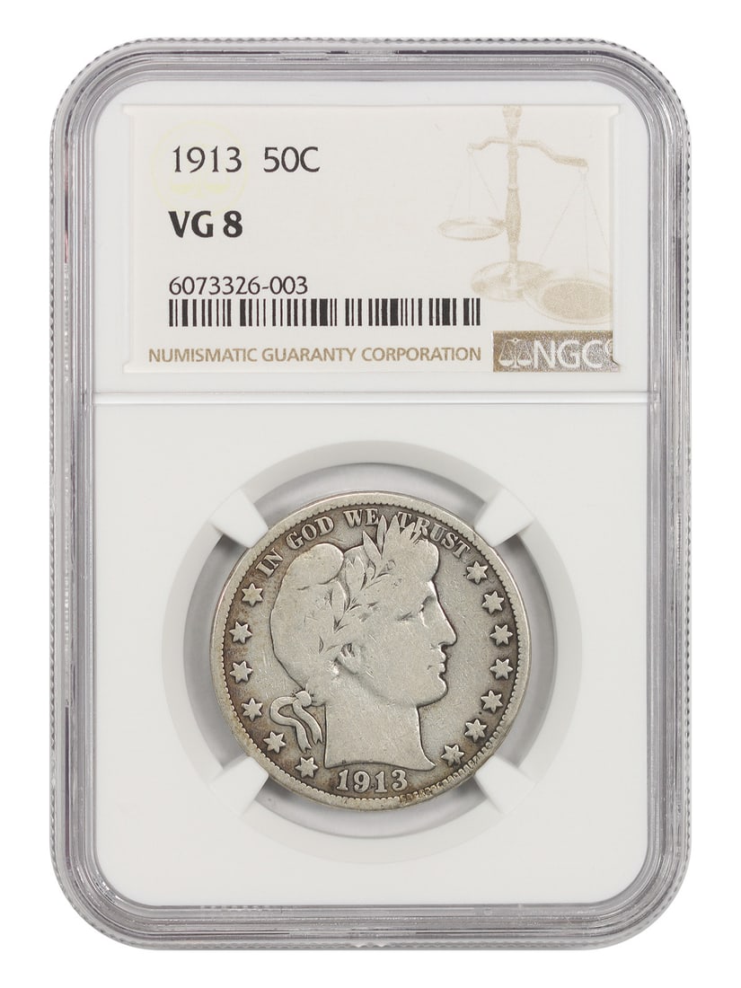 Barber Half Dollar 50C 1913 NGC VG08 Scarce: Barber Half Dollar 50C 1913 NGC VG08 Scarce The 1913 Barber Half Dollar is a scarce and historic coin, certified by the Numismatic Guaranty Corporation (NGC) as a VG08, indicating a grade of Very Good