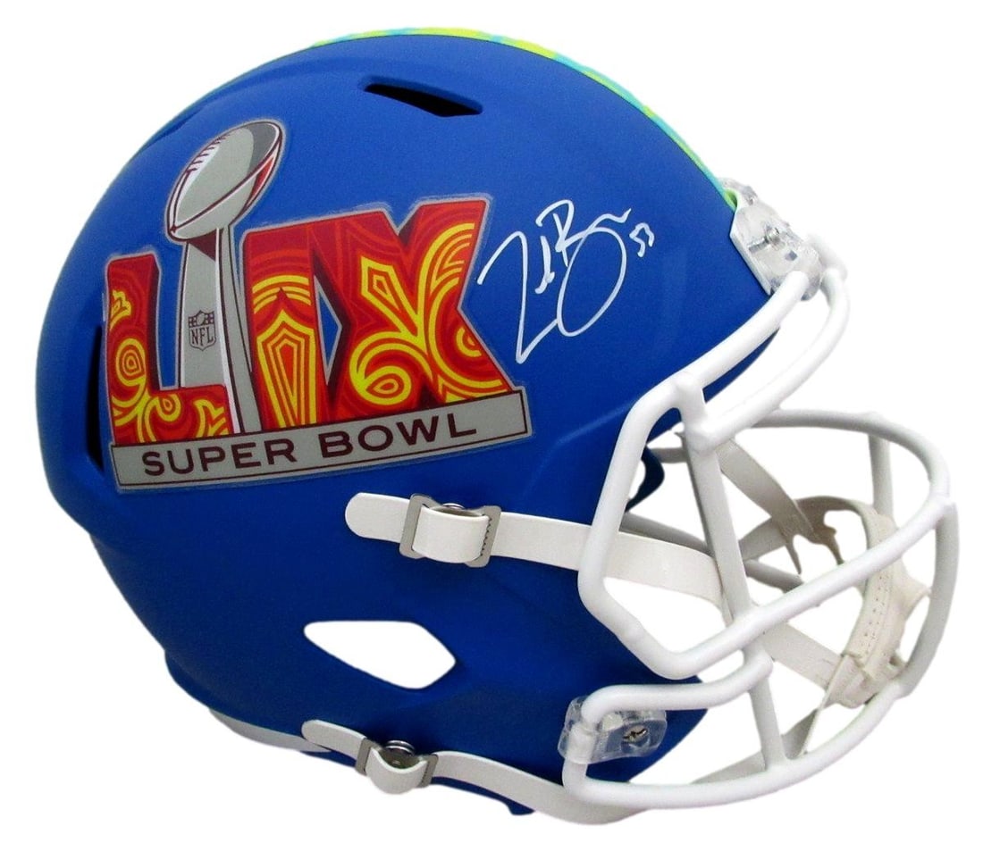 Signed Blue Eagles Helmet Replica Full Size Zack Baun Beckett SB LIX: Signed Blue Eagles Helmet Replica Full Size Zack Baun Beckett SB LIX Signed by Zack Baun, the full-size replica helmet is a must-have for any football fan or collector of the Blue Eagles. This officia