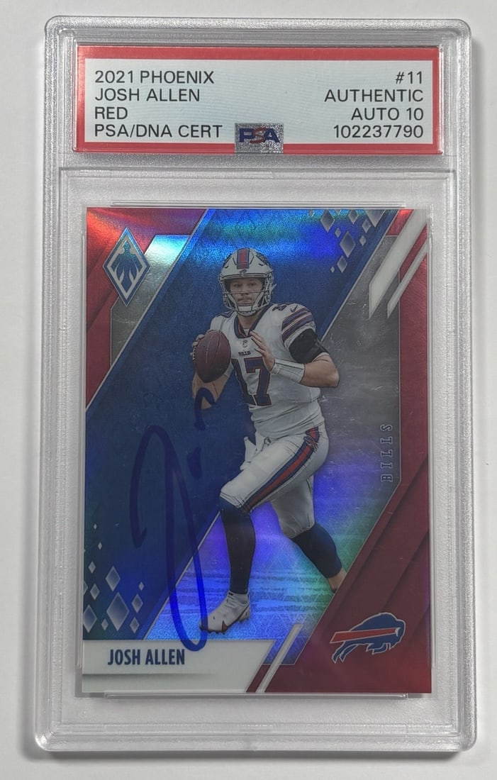 2021 PANINI PHOENIX JOSH ALLEN #11 RED ON CARD AUTO PSA AUTO 10: 2021 PANINI PHOENIX JOSH ALLEN #11 RED ON CARD AUTO PSA AUTO 10 2021 PANINI PHOENIX JOSH ALLEN #11 RED ON CARD AUTO PSA AUTO 10This 2021 PANINI PHOENIX card features a rare autograph from Josh Allen, 