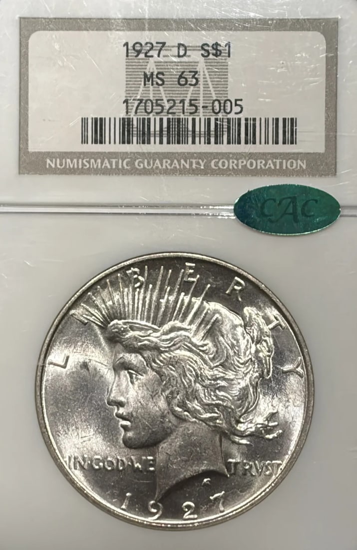 1927-D PEACE DOLLAR NGC MS63 CAC: 1927-D PEACE DOLLAR NGC MS63 CAC The 1927-D Peace Dollar, graded MS63 by the Numismatic Guaranty Corporation (NGC) and recognized by the Coin Advisory Committee (CAC), boasts a high level of detail an