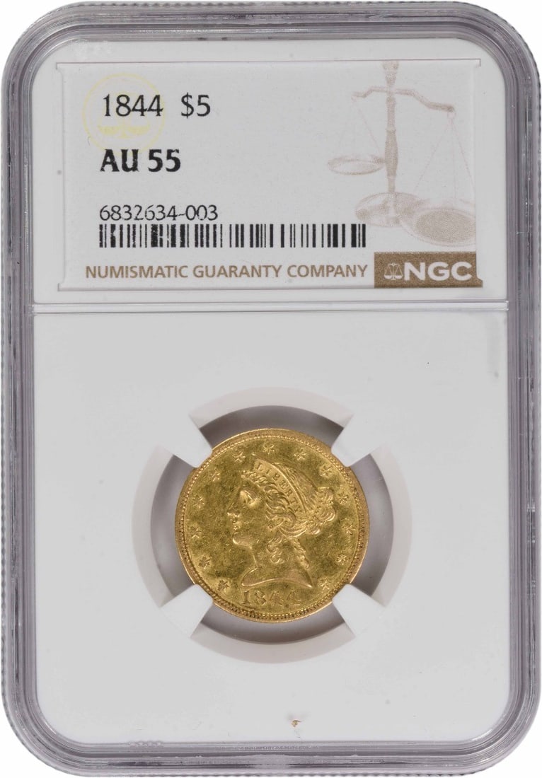 $5 Gold Liberty Head AU55 NGC: $5 Gold Liberty Head AU55 NGC The 1844 $5 Gold Liberty Head coin is a notable piece from the Philadelphia mint, bearing the signature of Christian Gobrecht, the coin's designer. With a rich history an
