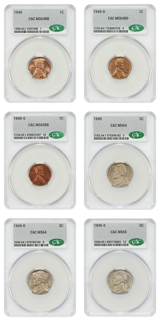 Mint Set CACG MS64-67 Lincoln Cent (Wheat Reverse) 1949 1C 50C 14 Coins: Mint Set CACG MS64-67 Lincoln Cent (Wheat Reverse) 1949 1C 50C 14 Coins CACG certified 1949 Lincoln Cent coins in MS64-67 condition, showcasing the iconic Wheat Reverse design. This set of 14 coins, i