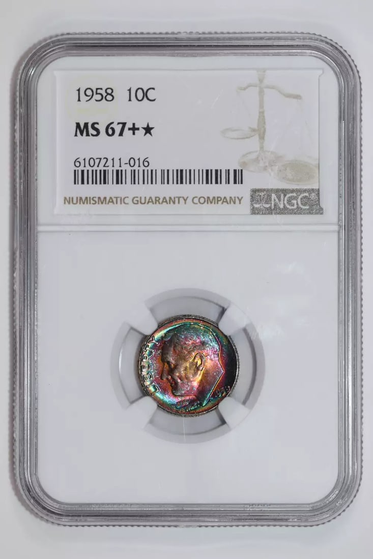 STAR MONSTER TONED VIBRANT 1958 ROOSEVELT DIME NGC MS67+: STAR MONSTER TONED VIBRANT 1958 ROOSEVELT DIME NGC MS67+ The 1958 Roosevelt dime is a vibrant example of uncirculated silver, boasting a toned appearance that adds depth to its already striking design