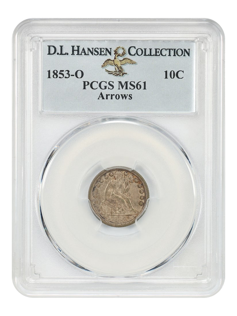 1853-O 10C PCGS MS61 (Arrows) ex: D.L. Hansen: 1853-O 10C PCGS MS61 (Arrows) ex: D.L. Hansen 1853-O 10C PCGS MS61 (Arrows) ex: D.L. Hansen - A highly graded 1853-O dime with a strong MS61 grade from PCGS, this coin features the iconic "Arrows" des