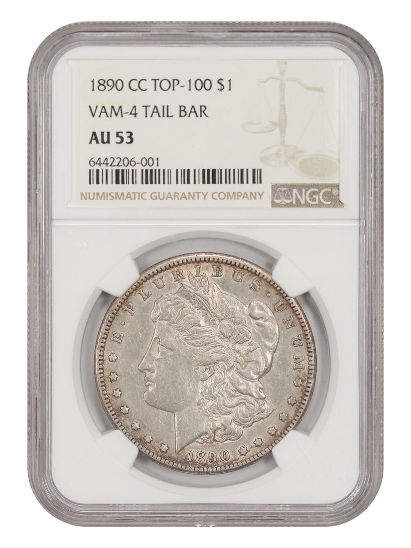 1890-CC $1 NGC AU53 (VAM-4, Tailbar) - Morgan Dollar: 1890-CC $1 NGC AU53 (VAM-4, Tailbar) - Morgan Dollar The 1890-CC Morgan Dollar features a distinctive tailbar design, a hallmark of the Carson City mint. Certified by the Numismatic Guaranty Corporati