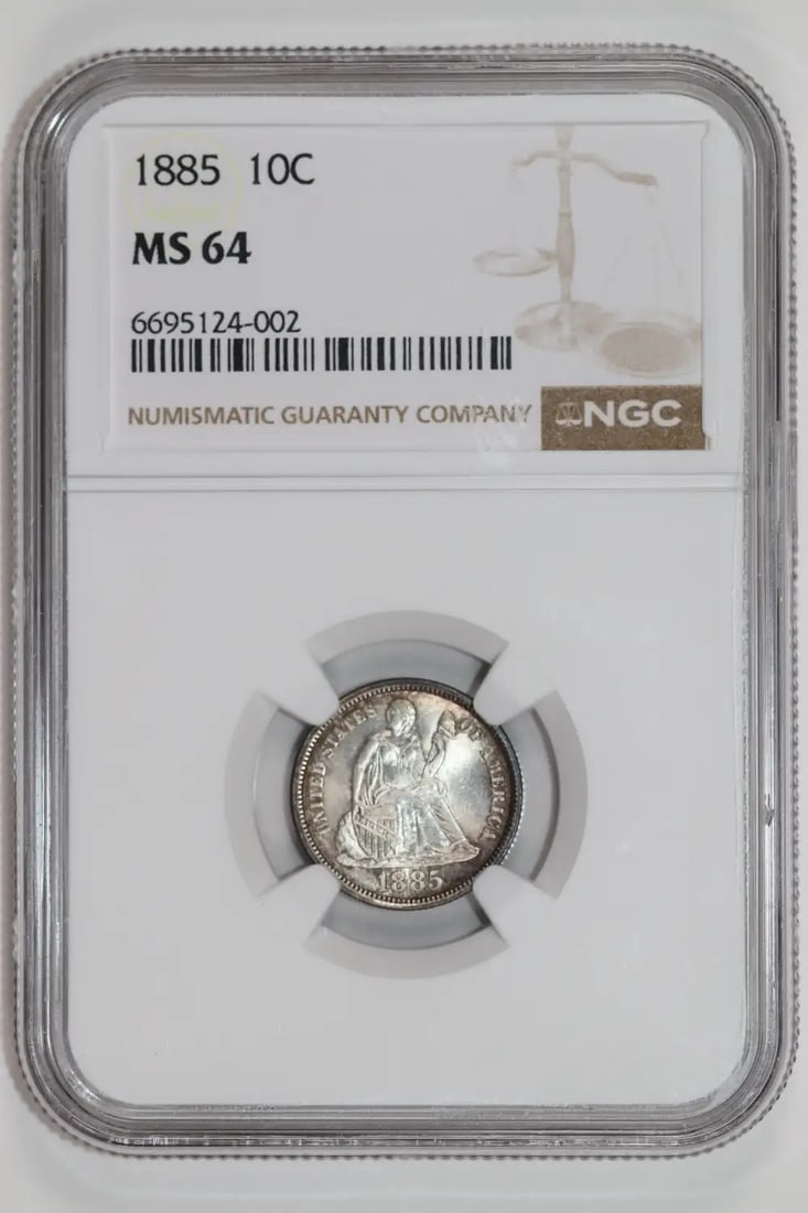 SEATED LIBERTY DIME NGC MS64: SEATED LIBERTY DIME NGC MS64 The SEATED LIBERTY DIME NGC MS64 is a highly detailed and intricately designed coin, showcasing the iconic seated figure of Lady Liberty on its obverse and a shield with t