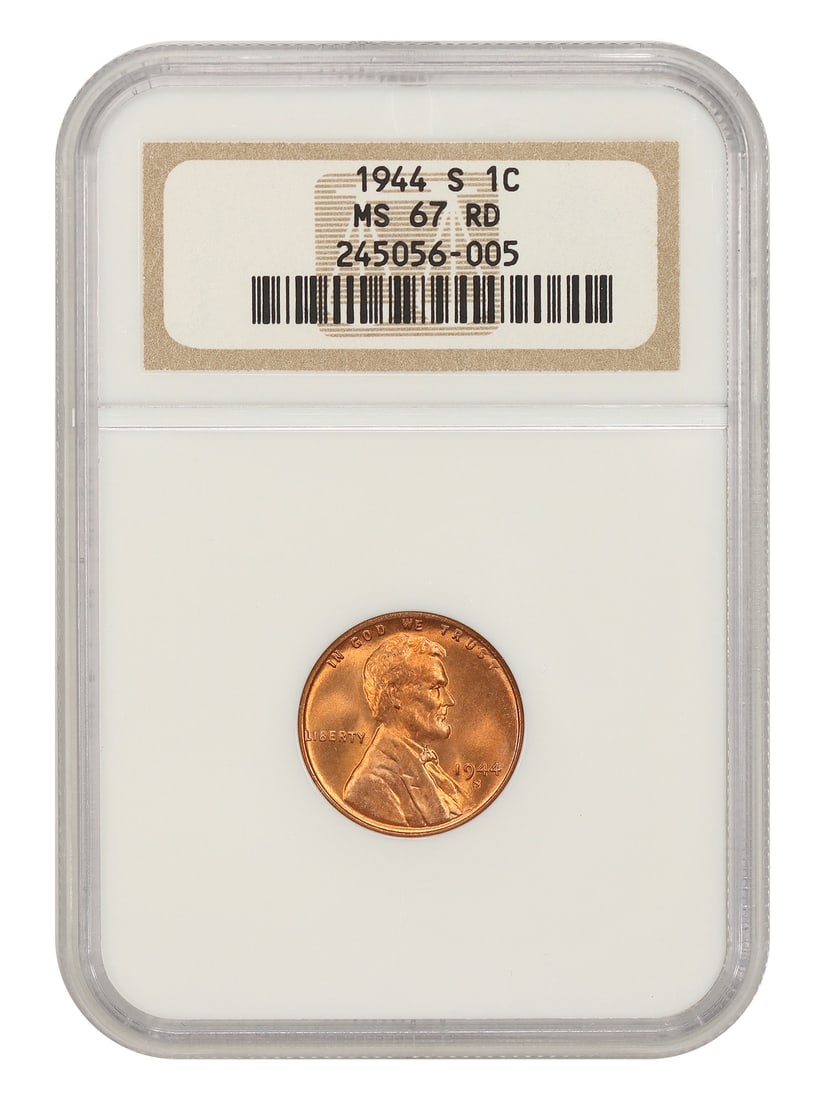 MS67RD Lincoln Cent 1C 1944-S Wheat Reverse: MS67RD Lincoln Cent 1C 1944-S Wheat Reverse The 1944-S Wheat Reverse Lincoln Cent, graded MS67RD by the NGC, showcases a stunning example of San Francisco minting. This uncirculated coin boasts a rich