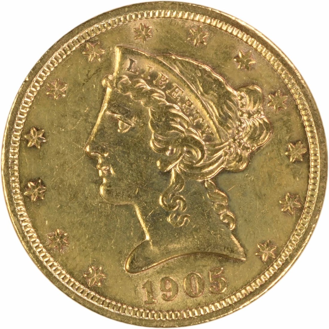 $5 Gold Liberty Head AU Slider Uncertified 1905-S: $5 Gold Liberty Head AU Slider Uncertified 1905-S This 1905-S Gold Liberty Head AU slider is a circulated uncirculated coin with a Km number of 101, bearing the mark of the San Francisco Mint. Its gol