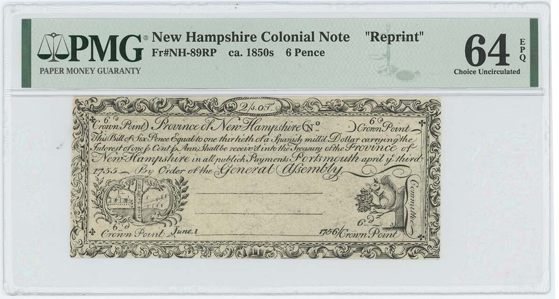 1755/ 6 New Hampshire 6 Pence NH-89 PMG CU64 EPQ c.1850 Cohen Reprint: 1755/ 6 New Hampshire 6 Pence NH-89 PMG CU64 EPQ c.1850 Cohen Reprint This 1755/6 New Hampshire 6 Pence features a PMG CU64 EPQ grade, indicating a high level of preservation and condition. Certified 
