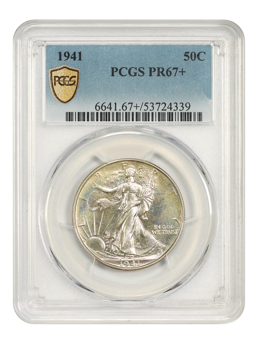 1941 50C PCGS PR67+ - Walking Liberty Half Dollar: 1941 50C PCGS PR67+ - Walking Liberty Half Dollar The 1941 Walking Liberty Half Dollar, graded PR67+ by PCGS, is a highly detailed and well-preserved example of this iconic coin. Certified as uncircul