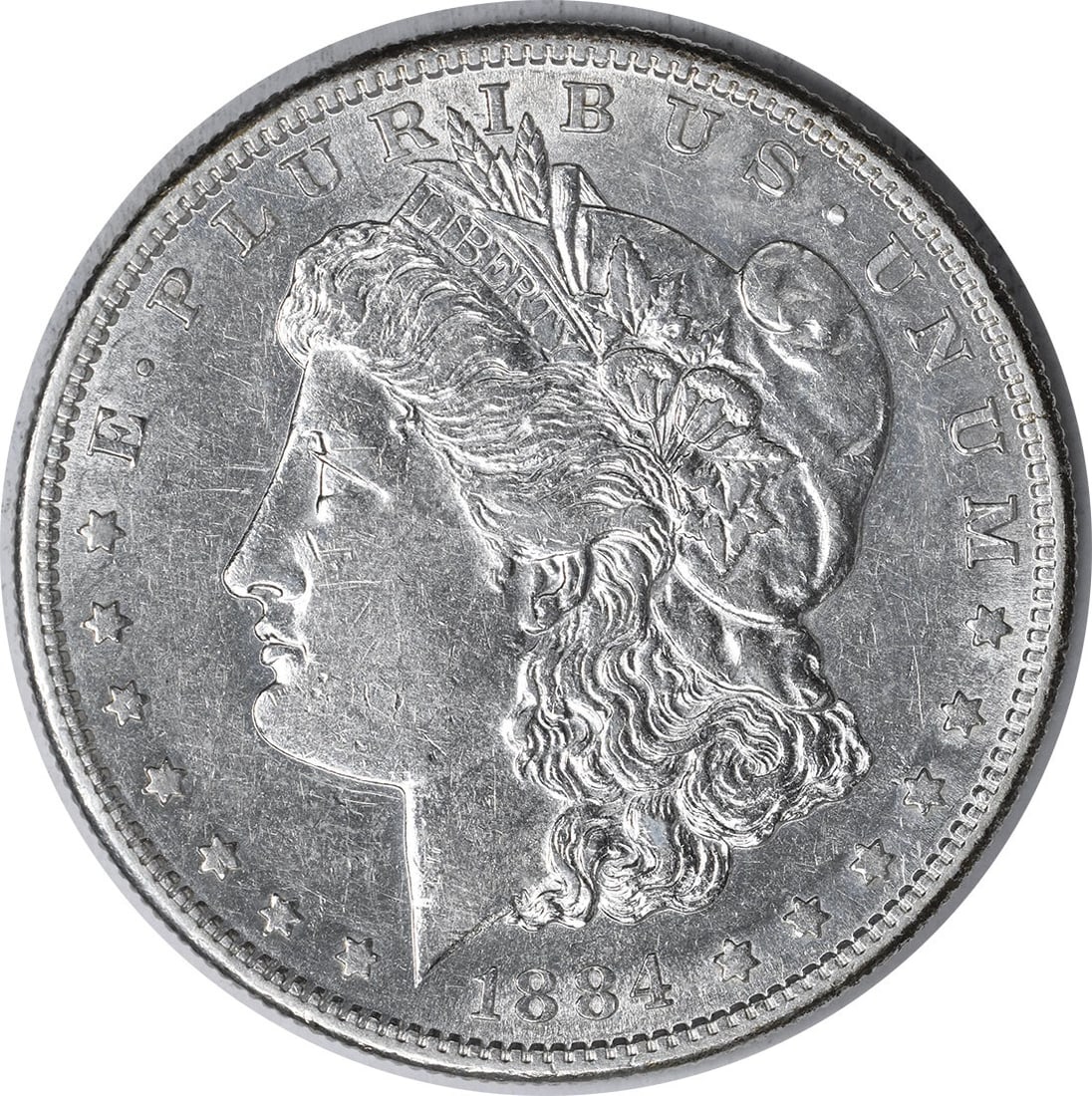 Uncertified AU Morgan Dollar 1884-S Silver: Uncertified AU Morgan Dollar 1884-S Silver The 1884-S Morgan Dollar is a significant coin in the series, minted in San Francisco and featuring a reeded edge. This circulated coin is made of 90% silver