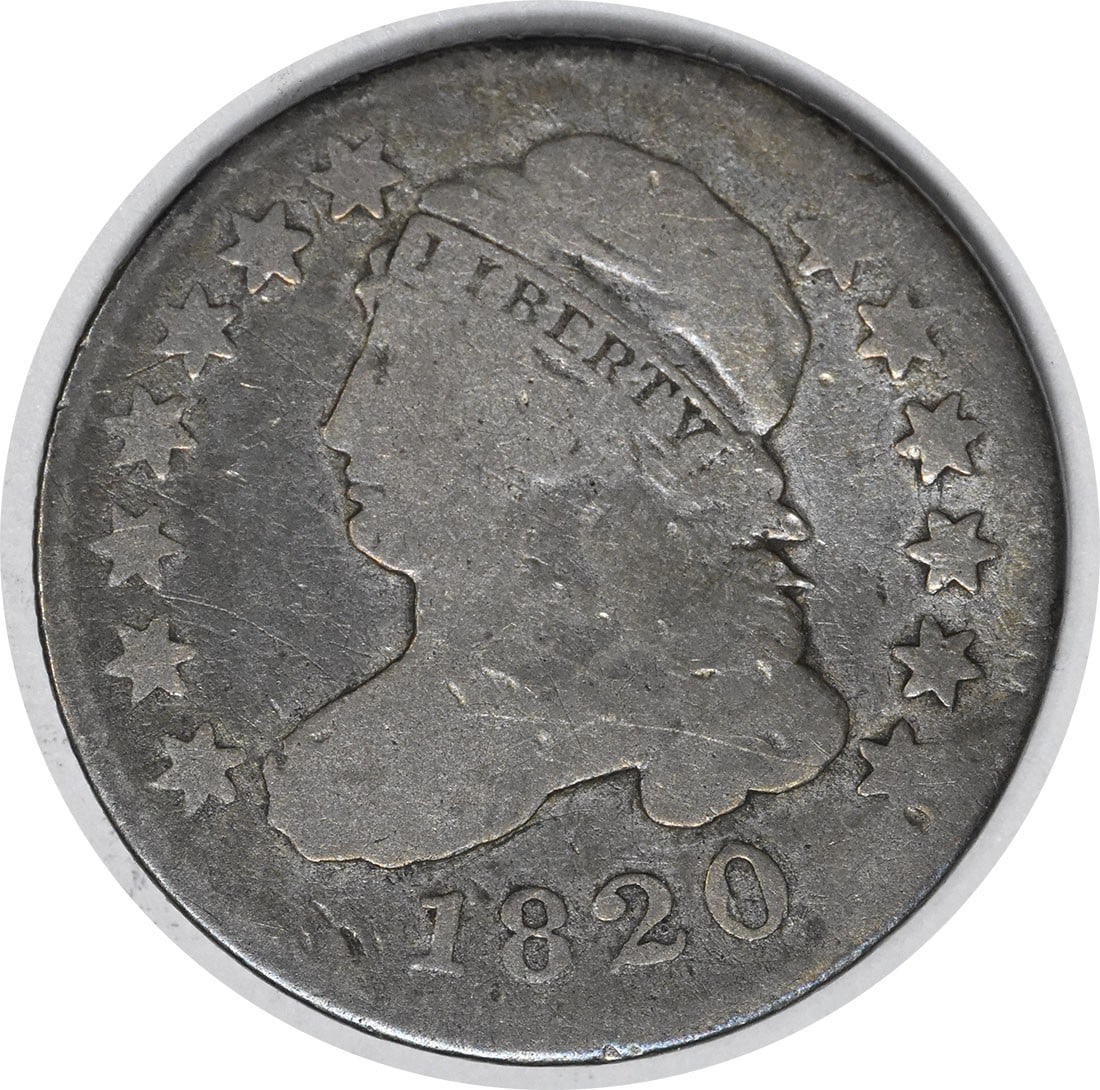 1820 Bust Silver Dime Obverse Cud VG Uncertified: 1820 Bust Silver Dime Obverse Cud VG Uncertified This 1820 Bust Silver Dime features a distinctive Cud on the Obverse, adding a layer of character to its already historic design. Certified as Uncircul