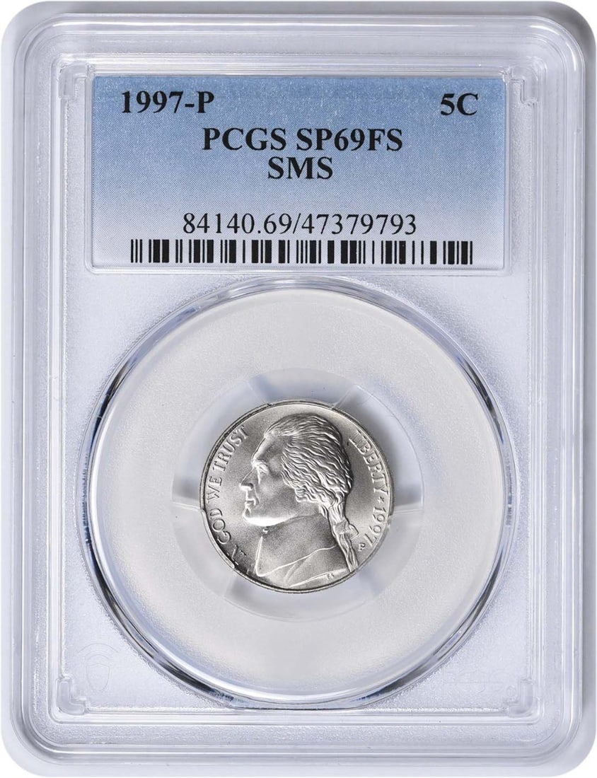 1997-P Jefferson Nickel SP69FS PCGS: 1997-P Jefferson Nickel SP69FS PCGS The 1997-P Jefferson Nickel SP69FS PCGS is a highly graded uncirculated coin, certified by the Professional Coin Grading Service (PCGS) with a grade of SP69. This c