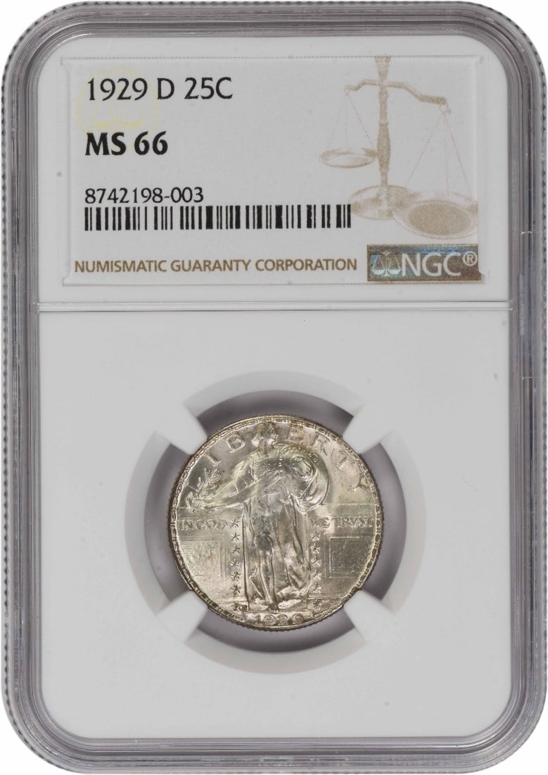 Silver Quarter MS66 Standing Liberty 1929-D: Silver Quarter MS66 Standing Liberty 1929-D The 1929-D Standing Liberty quarter, graded MS66 by the NGC, showcases exceptional detail and luster, making it a standout among circulated coins. This unci