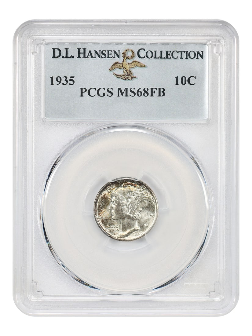 1935 10C PCGS MS68FB ex: D.L. Hansen: 1935 10C PCGS MS68FB ex: D.L. Hansen The 1935 10C is a highly graded coin, certified MS68FB by PCGS, with a rich history as part of the renowned D.L. Hansen collection. This uncirculated coin boasts e