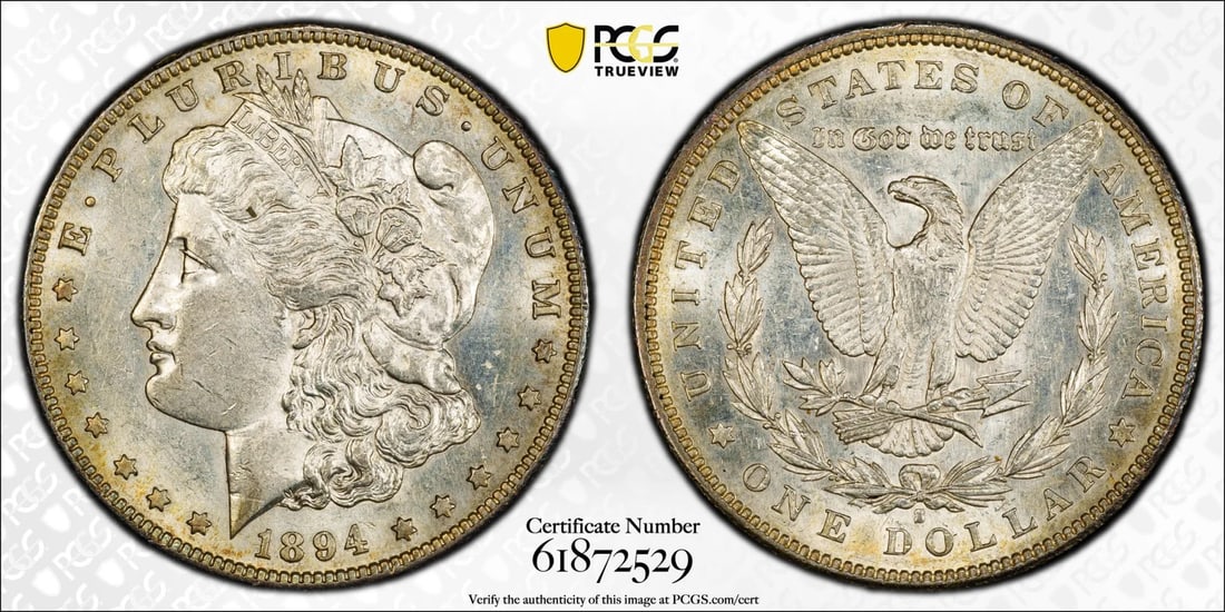 MORGAN DOLLAR 1894 S PCGS AU58: MORGAN DOLLAR 1894 S PCGS AU58 The 1894 Morgan Dollar, graded AU 58 by PCGS, is a highly detailed and well-preserved coin from the San Francisco Mint. Its silver composition and striking design make i