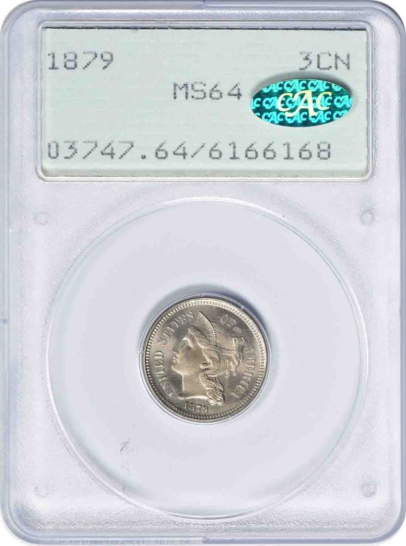 MS64 PCGS OGH Three Cent Nickel 1879: MS64 PCGS OGH Three Cent Nickel 1879 MS64 PCGS OGH Three Cent Nickel 1879 is a highly detailed and well-preserved example of this early American coin, boasting a striking MS64 grade and a rich history