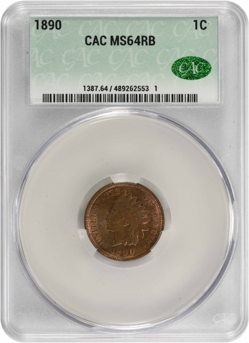 Indian Cent MS64RB CACG: Indian Cent MS64RB CACG The 1890 Indian Cent MS64RB CACG is a highly detailed and well-preserved coin, graded MS64, with a rich history of circulation. Featuring a distinctive design by James Barton L