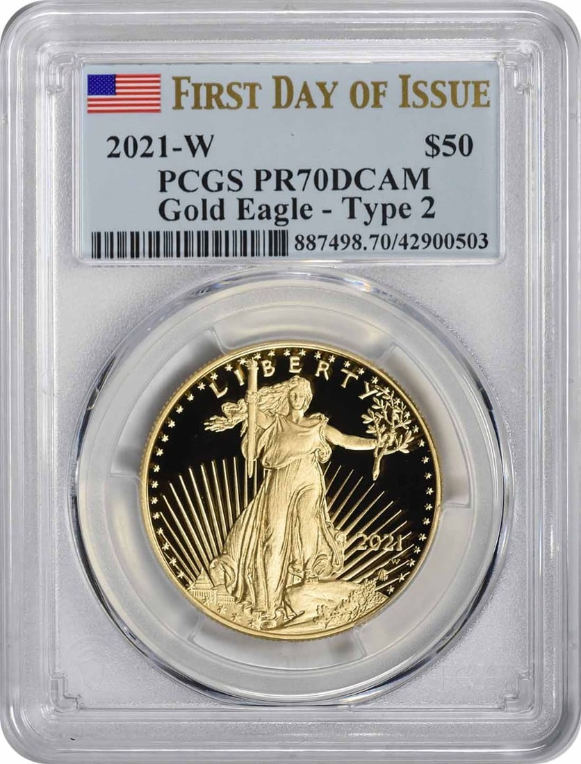 2021-W $50 American Proof Gold Eagle Type 2 PR70DCAM First Day of Issue PCGS: 2021-W $50 American Proof Gold Eagle Type 2 PR70DCAM First Day of Issue PCGS The 2021-W $50 American Proof Gold Eagle Type 2 PR70DCAM is a stunning example of American numismatic artistry, boasting a