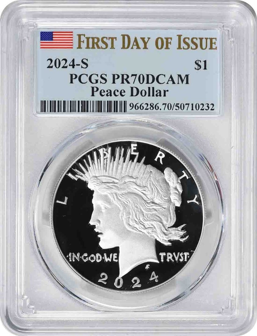 PCGS PR70DCAM First Day of Issue 2024-S Peace Silver Dollar: PCGS PR70DCAM First Day of Issue 2024-S Peace Silver Dollar PCGS PR70DCAM First Day of Issue 2024-S Peace Silver Dollar is a stunning proof coin certified by PCGS as PR70DCAM, indicating its exception