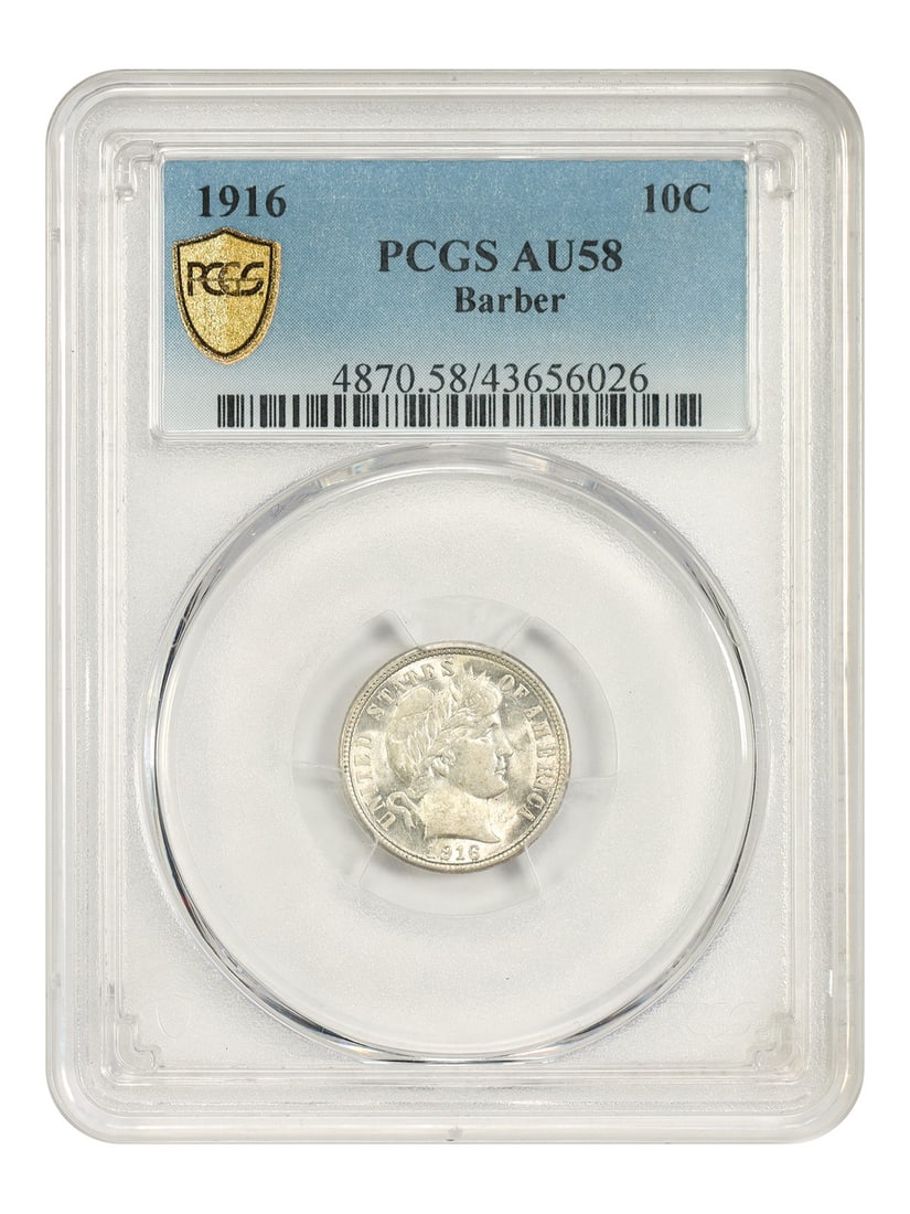 1916 10C Barber PCGS AU58 - Barber Dime: 1916 10C Barber PCGS AU58 - Barber Dime The 1916 10C Barber Dime is a circulated example, bearing the mark of the Philadelphia mint. Certified by PCGS, this coin showcases a AU58 grade, indicating a h