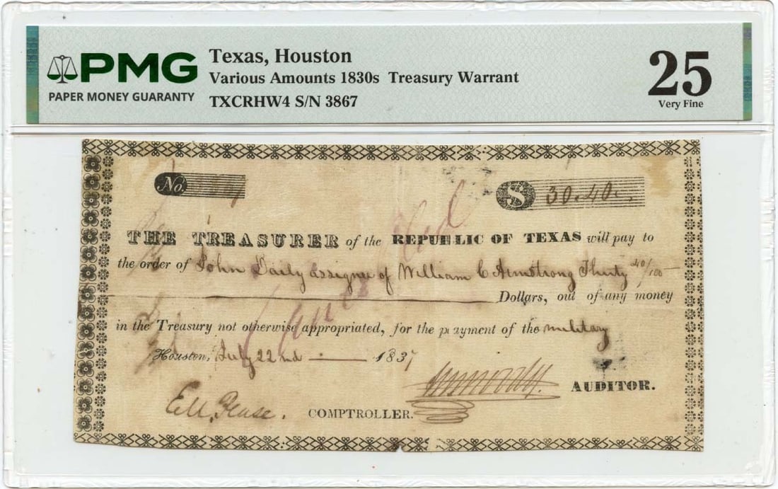 1837 $30.40 Houston, Texas Treasury Warrant Republic of Texas PMG VF25: 1837 $30.40 Houston, Texas Treasury Warrant Republic of Texas PMG VF25 The 1837 $30.40 Houston, Texas Treasury Warrant is a circulated example of the Republic of Texas' unique and intriguing currency.