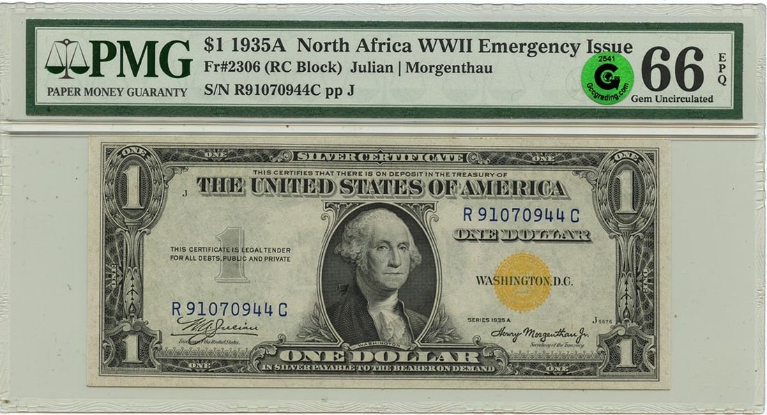 1935A $1 N. Africa WWII Emergency Issue Fr# 2306 PMG Gem66 EPQ GCC Green: 1935A $1 N. Africa WWII Emergency Issue Fr# 2306 PMG Gem66 EPQ GCC Green The 1935A $1 N. Africa WWII Emergency Issue Fr# 2306 is a rare and highly graded PMG Gem66 EPQ coin. This uncirculated specimen