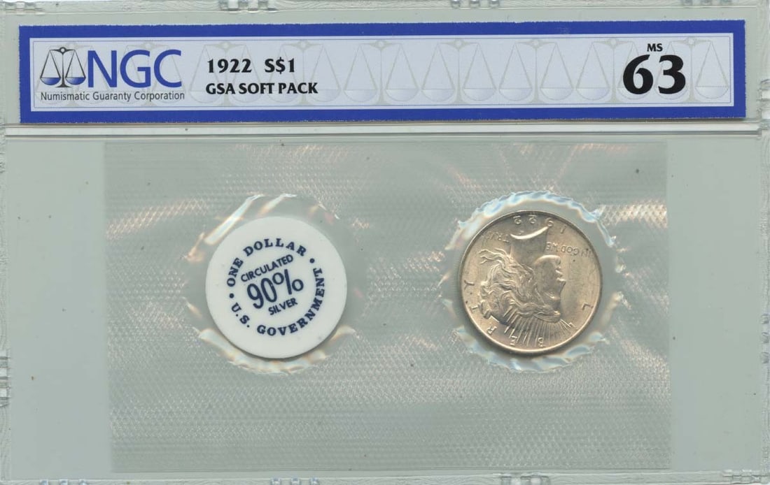 1922 Peace Dollar GSA SOFT PACK S$1 NGC MS63: 1922 Peace Dollar GSA SOFT PACK S$1 NGC MS63 The 1922 Peace Dollar is a significant coin in American numismatic history, featuring a striking design that embodies the ideals of peace and harmony. Grad
