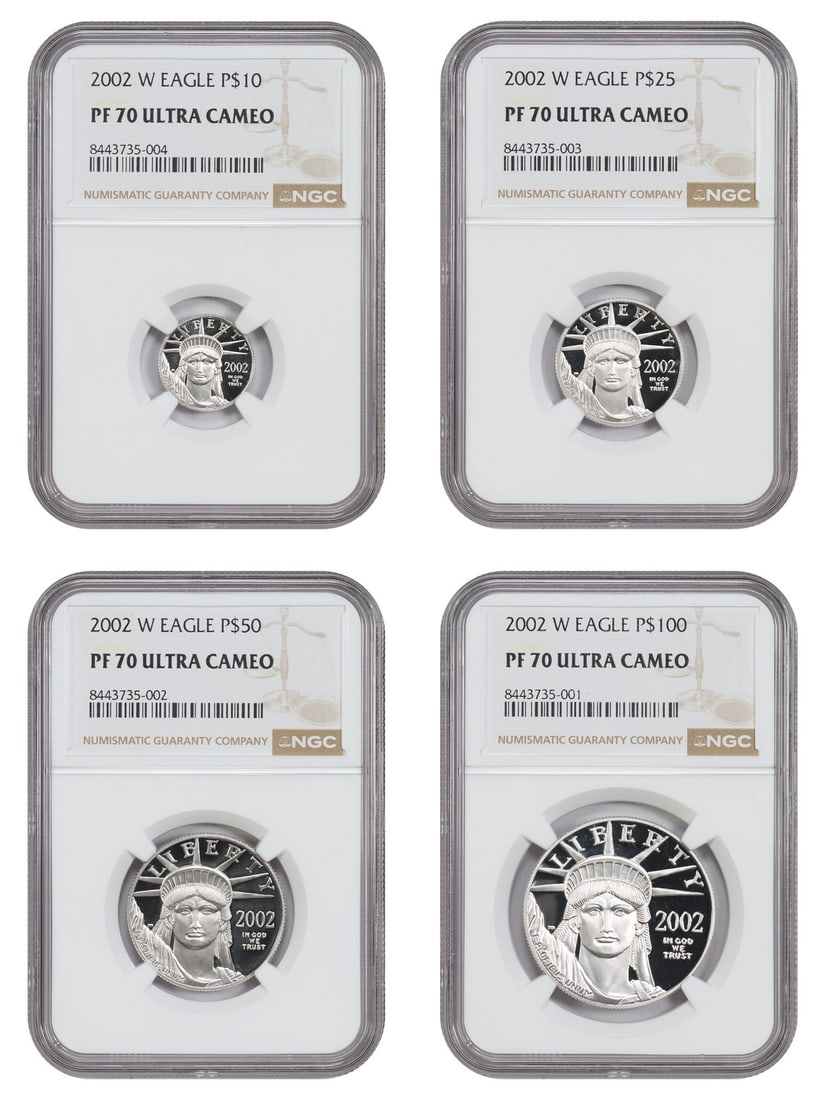 2002-W $10-$100 Statue of Liberty Set NGC PR70DCAM (4 Coins): 2002-W $10-$100 Statue of Liberty Set NGC PR70DCAM (4 Coins) The 2002-W $10-$100 Statue of Liberty Set is a stunning collection of platinum coins, certified by the Numismatic Guaranty Corporation (NGC