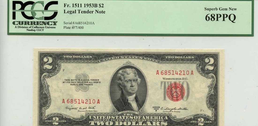 1953B $2 Legal Tender Note FR#1511 PCGS Superb Gem68PPQ: 1953B $2 Legal Tender Note FR#1511 PCGS Superb Gem68PPQ The 1953B $2 Legal Tender Note is a highly sought-after collectible, graded MS66 by PCGS. This Superb Gem68PPQ certification ensures the note's 