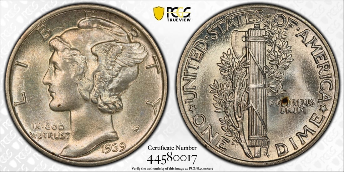 1939 MERCURY DIME PCGS MS65 FB: 1939 MERCURY DIME PCGS MS65 FB The 1939 Mercury dime, graded MS 65 by PCGS, boasts exceptional condition with a rich silver composition. This highly detailed coin features the iconic Mercury design, c