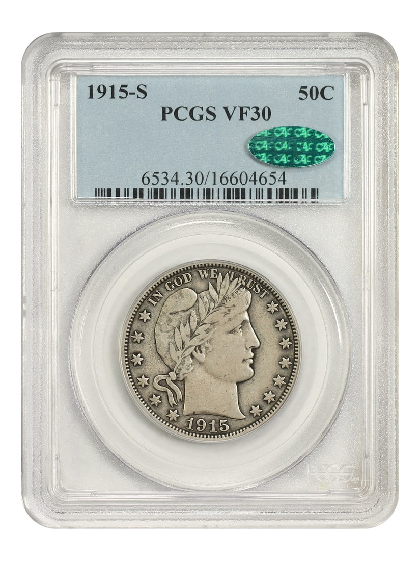 1915-S 50C PCGS/ CAC VF30 - Barber Half Dollar: 1915-S 50C PCGS/ CAC VF30 - Barber Half Dollar The 1915-S Barber Half Dollar is a highly sought-after coin, featuring a distinctive design and minted in San Francisco. With a circulated grade of VF30,