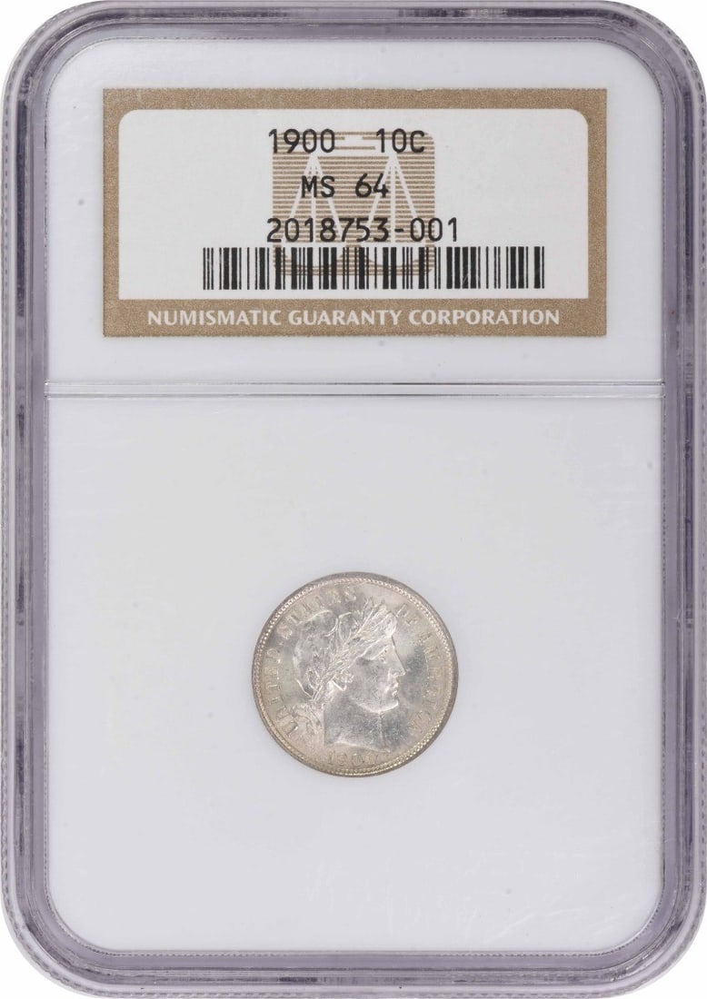 1900 Barber Silver Dime MS64 NGC: 1900 Barber Silver Dime MS64 NGC The 1900 Barber Silver Dime MS64 NGC is a highly detailed and well-preserved coin, certified by the Numismatic Guaranty Corporation (NGC) as being in uncirculated cond