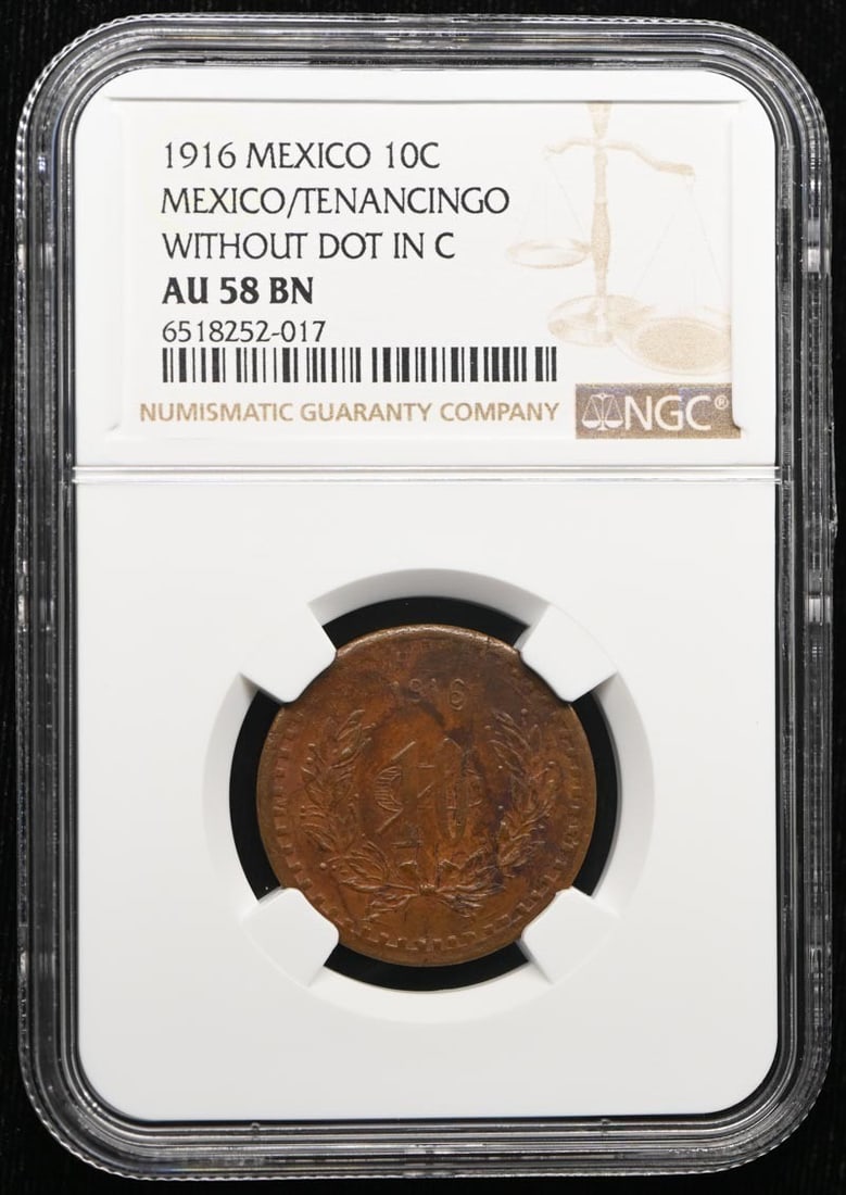 1916 MEXICO MEXICO/ TENAN. KM-690.1 GB-260 10C NGC AU58BN: 1916 MEXICO MEXICO/ TENAN. KM-690.1 GB-260 10C NGC AU58BN The 1916 Mexico 10 Centavo coin, graded AU58 by NGC, bears the KM-690.1 and GB-260 designations, showcasing its circulated condition. This coi