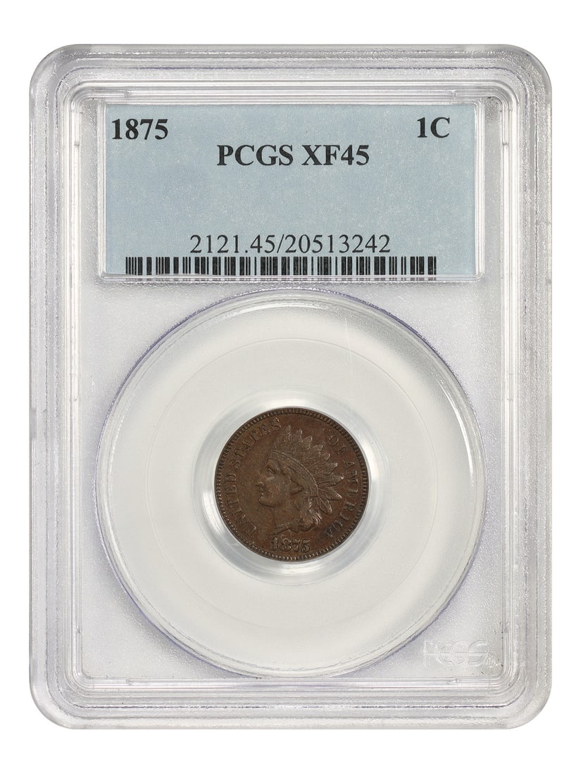 Indian Cent Popular Coin Type 1875 1C PCGS XF45: Indian Cent Popular Coin Type 1875 1C PCGS XF45 The 1875 Indian Cent is a highly sought-after coin, featuring a striking design by James Barton Longacre. With a PCGS XF45 certification, this circulate