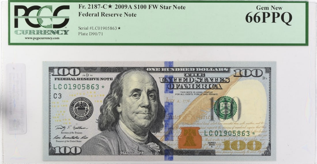 2009A $100 Federal Reserve Star Note FR2187-C* Gem New 66PPQ PCGS: 2009A $100 Federal Reserve Star Note FR2187-C* Gem New 66PPQ PCGS This 2009A $100 Federal Reserve Star Note is certified MS66 by PCGS, indicating exceptional condition. The note features a Gem New 66P