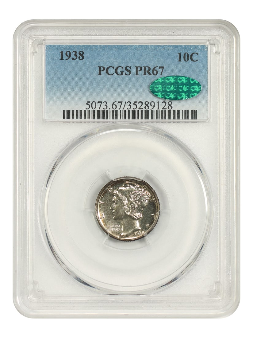 1938 10C PCGS/ CAC PR67 - Mercury Dime: 1938 10C PCGS/ CAC PR67 - Mercury Dime The 1938 Mercury Dime is a highly graded PR67 coin, certified by PCGS and CAC, showcasing exceptional condition and detail. This uncirculated coin features the i