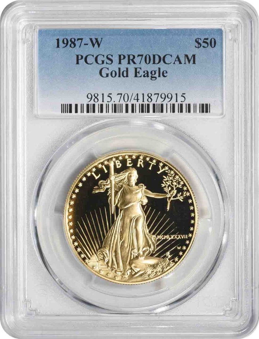 1987-W $50 American Gold Eagle PR70DCAM PCGS: 1987-W $50 American Gold Eagle PR70DCAM PCGS The 1987-W $50 American Gold Eagle is a stunning proof coin with a PR70DCAM grade from PCGS, showcasing exceptional condition and detail. This highly sough
