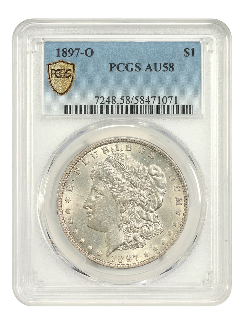 Morgan Dollar Better Date PCGS AU58 1897-O: Morgan Dollar Better Date PCGS AU58 1897-O The 1897-O Morgan Dollar, graded PCGS AU58, is a circulated example from the New Orleans mint. This coin bears the signature of its creator, George T. Morgan