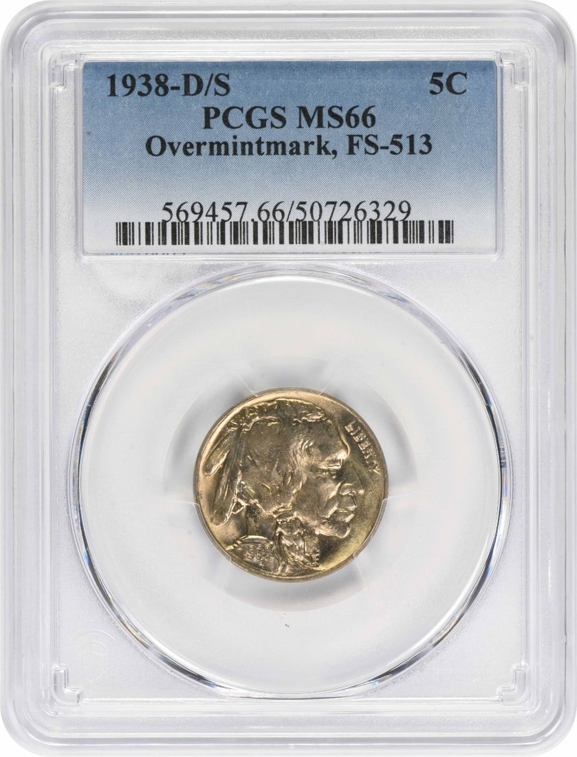 Buffalo Nickel 1938-D/ S OMM FS-513 MS66 PCGS: Buffalo Nickel 1938-D/ S OMM FS-513 MS66 PCGS The 1938-D/ S OMM FS-513 MS66 PCGS Buffalo Nickel is a highly detailed and well-certified coin, graded MS66 by the PCGS. It features a striking design and
