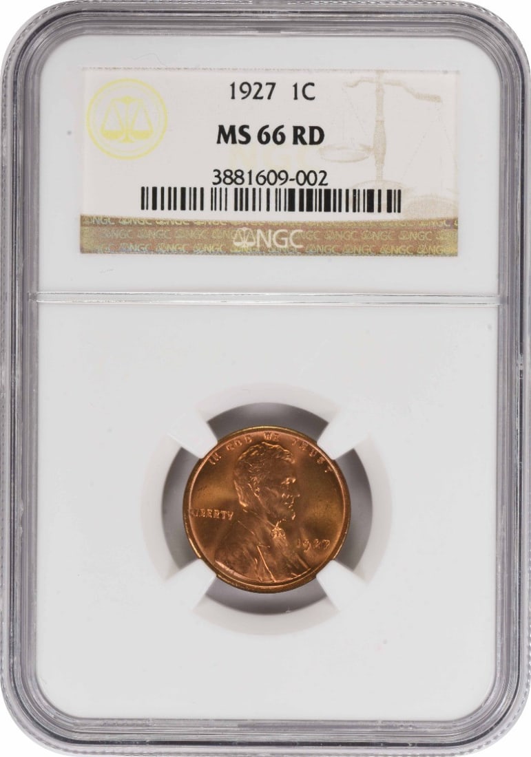 MS66RD Lincoln Cent 1927: MS66RD Lincoln Cent 1927 MS66RD Lincoln Cent 1927 is a highly detailed and well-preserved example of the Lincoln Wheat cent, graded MS66 by the NGC. This uncirculated coin features a rich copper compo