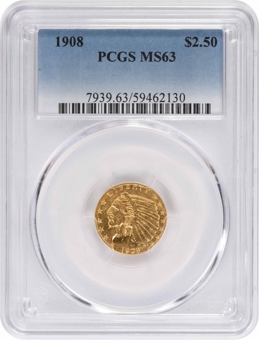 MS63 Gold Indian $2.50 1908: MS63 Gold Indian $2.50 1908 MS63 Gold Indian $2.50 1908, a stunning example of a circulated gold coin from the early 20th century, boasts a high grade of MS63, showcasing exceptional luster and minima