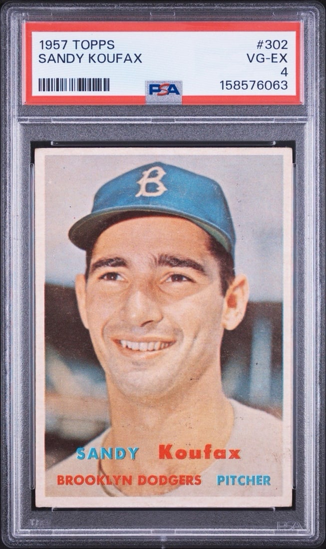 Koufax Sandy TOPPS #302 1957 PSA 4: Koufax Sandy TOPPS #302 1957 PSA 4 Sandy Koufax #302 1957 Topps PSA 4 is a highly graded vintage baseball card featuring the legendary pitcher Sandy Koufax in his rookie season. Graded by Professional